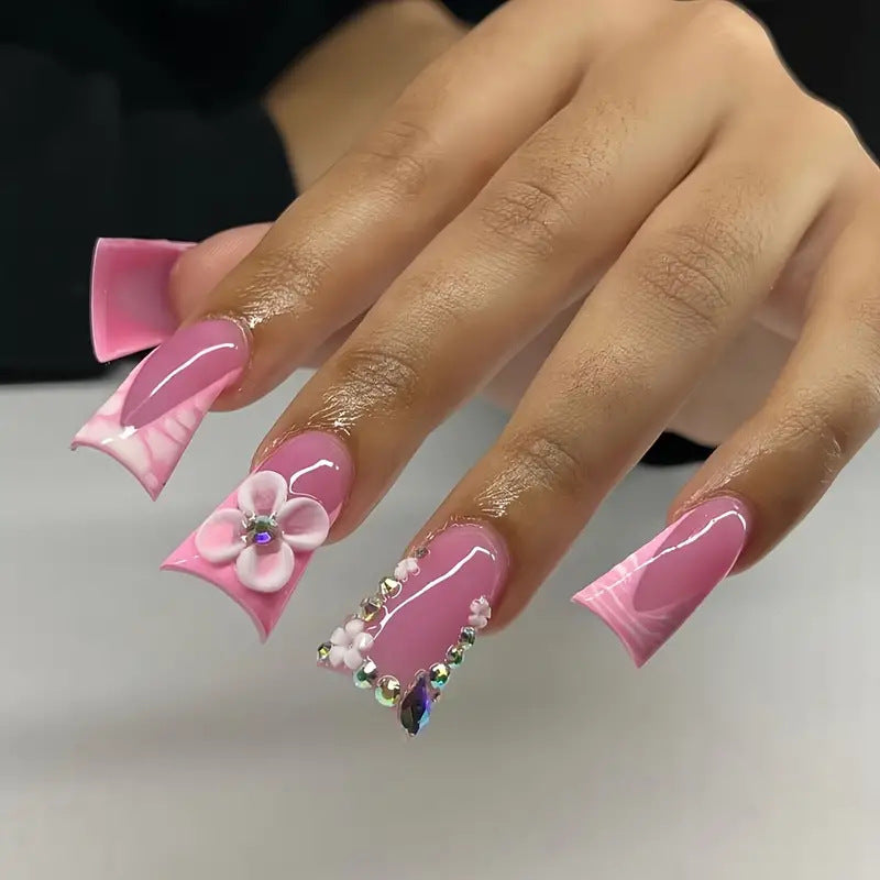 Decorative Floral Acrylic Press-On Nails Bowlift
