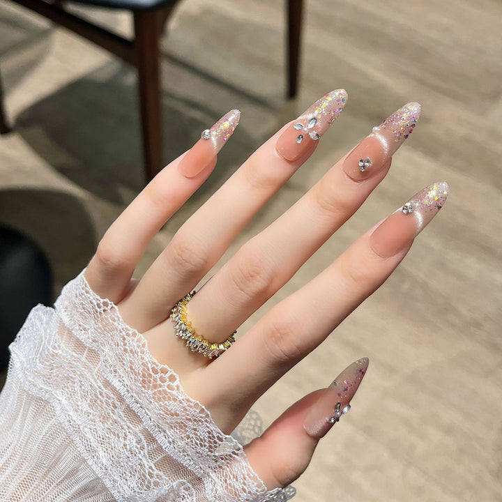 Elegant Glitter-Infused Press-On Nail Design Bowlift