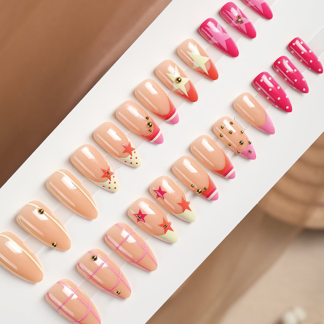 Artificial nail set with creative geometric patterns and sparkling accents Bowlift