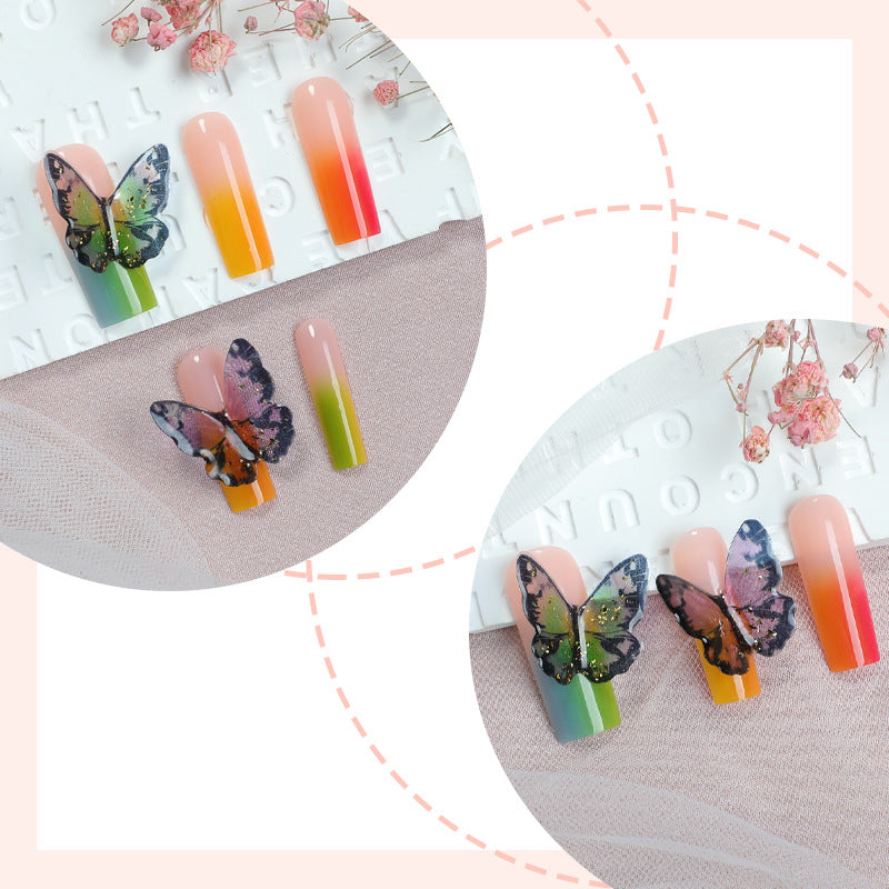 Artistic Press-On Nail Set with Butterfly and Gradient Design Bowlift