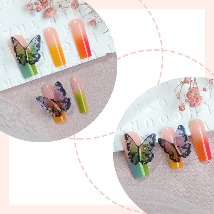 Artistic Press-On Nail Set with Butterfly and Gradient Design Bowlift