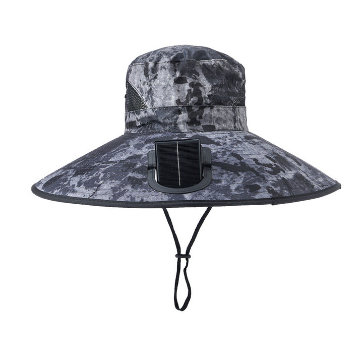 Wide-brimmed outdoor sun hat with solar-powered micro fan, breathable mesh and adjustable chin strap Bowlift