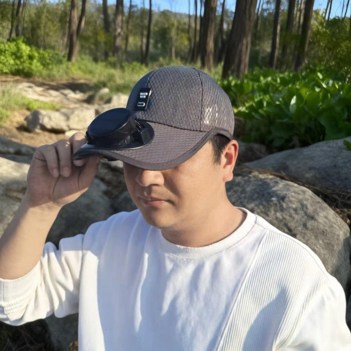 Solar-powered baseball cap with detachable solar fan and breathable honeycomb fabric Bowlift
