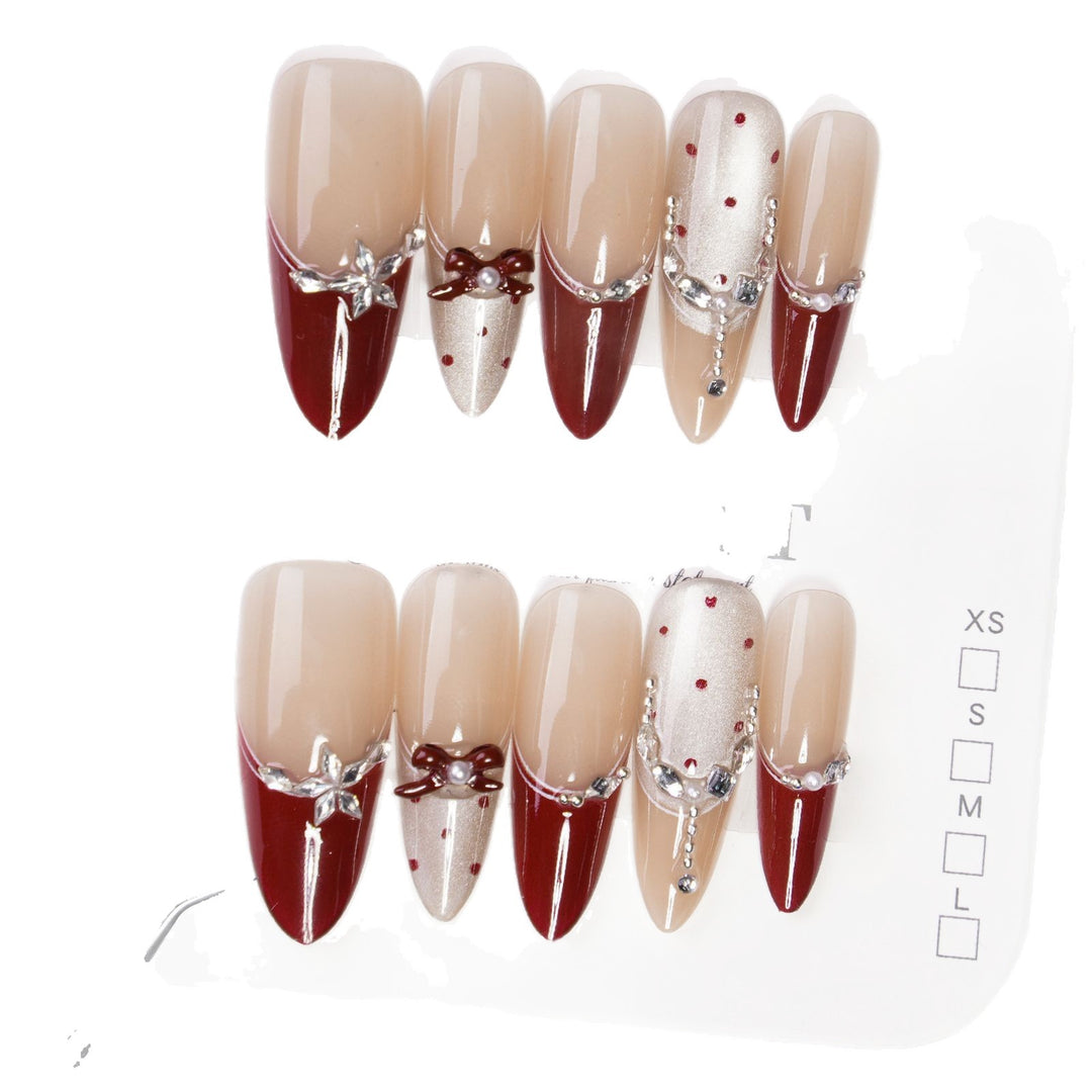 Artistic Press-On Nail Set with Elegant Bow and Gemstone Decor Bowlift