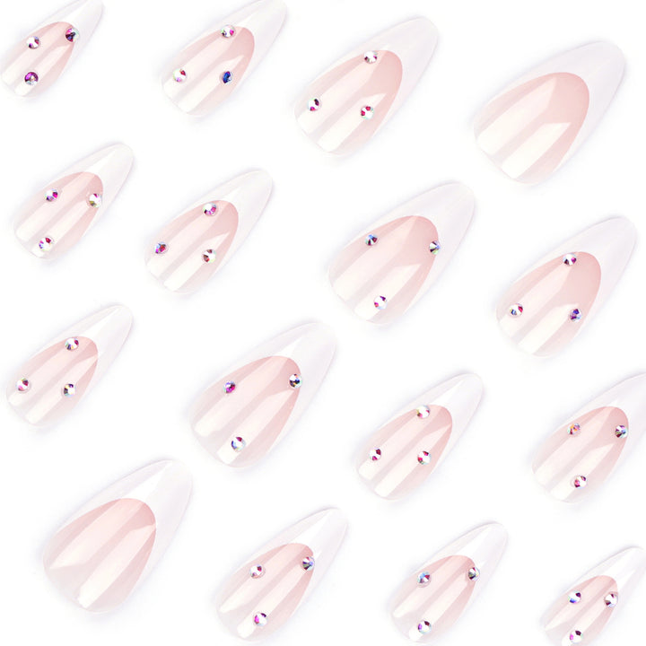 Elegant French Nail Art with Rhinestone Decorations Bowlift
