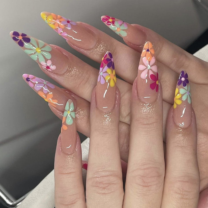 Artificial nail set with colorful flowers and creative French design Bowlift