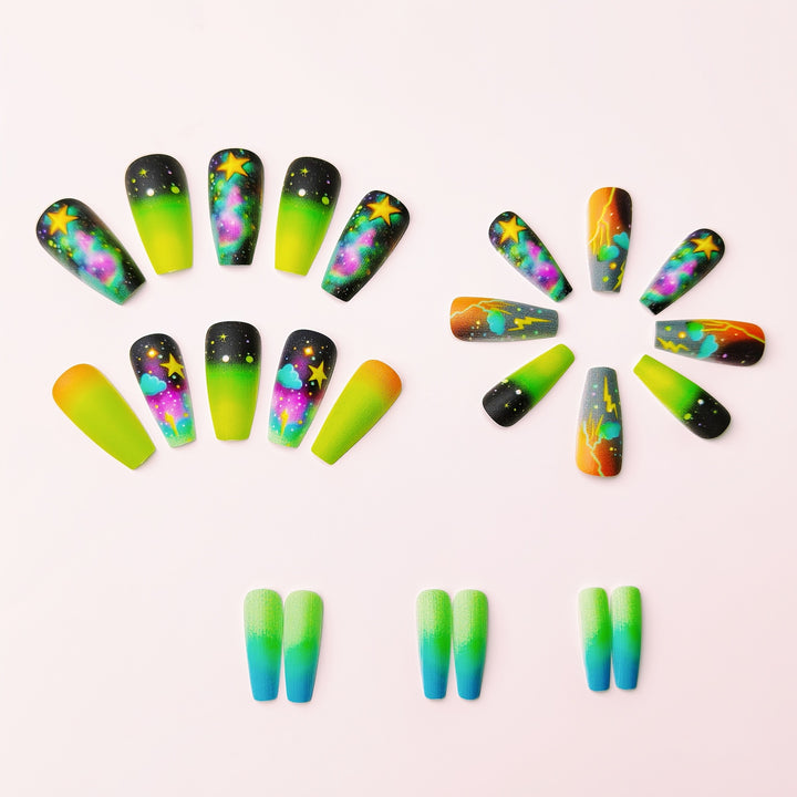 Creative acrylic nails with neon galaxy design Bowlift