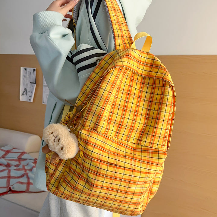 Backpack with Practical Check Pattern and Cute Plush Pendant Bowlift