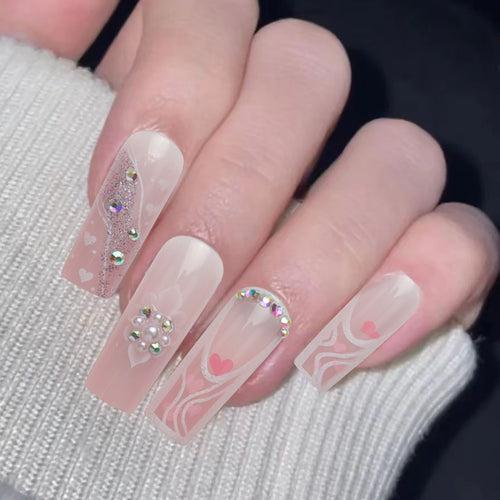 Decorative Press-On Nail Set with Heart and Gem Accents Bowlift