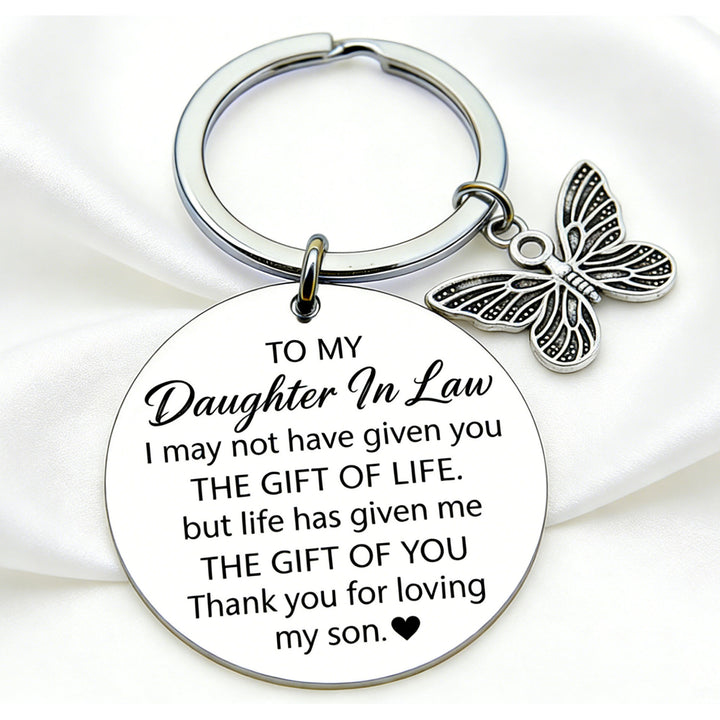 Engraved Round Sentimental Daughter-in-Law Keychain with Butterfly Charm Bowlift
