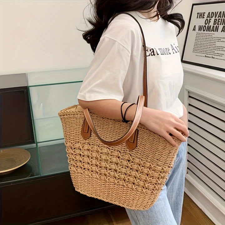 Handbag with Woven Design and Leather Handles Bowlift