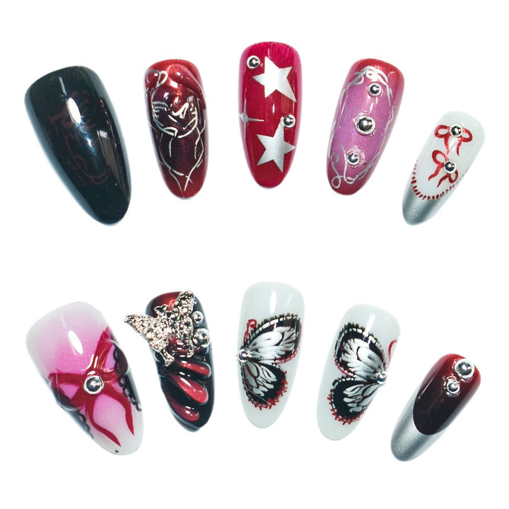 Artistic Press-On Nail Set with Butterfly and Star Details Bowlift