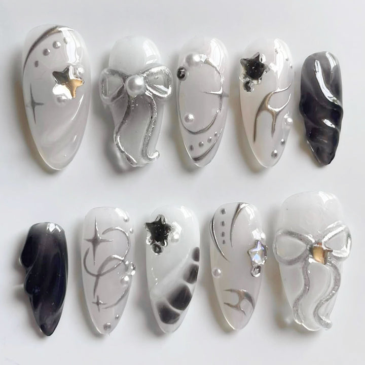 Creative Press-On Nail Art Set with Elegant Silver Accents Bowlift