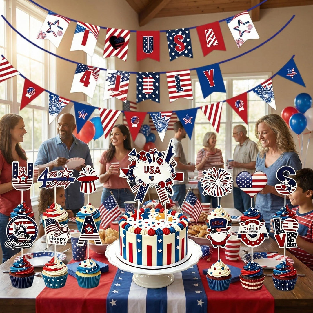 Unisex nan multiple cupcake topper set with patriotic USA motifs made of double-sided printed cardboard and wooden skewers Bowlift