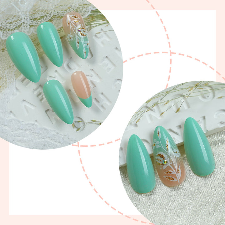 Artisan Press-On Nail Set with Elegant Leaf Patterns Bowlift