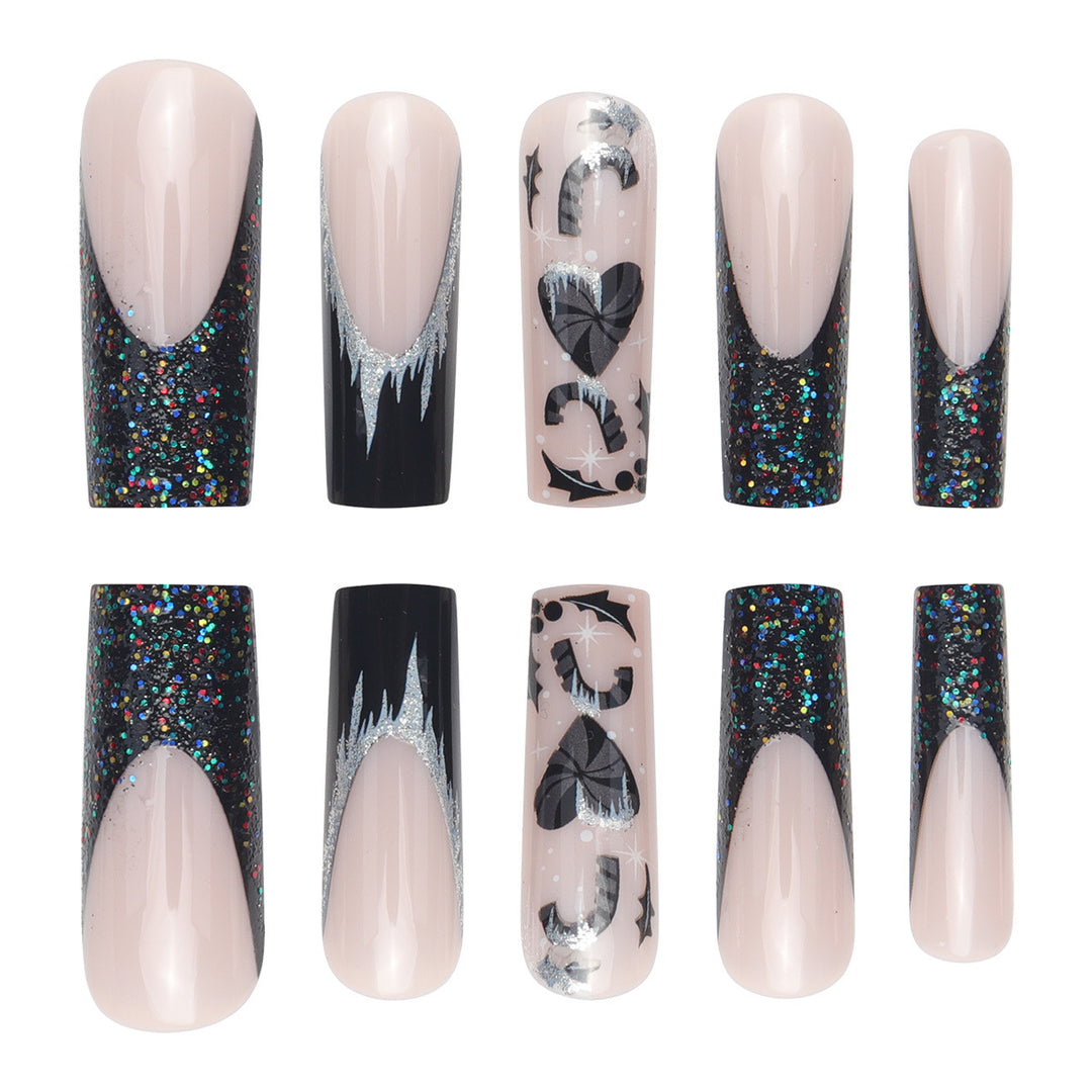 Artistic Long Stiletto Press-On Nail Set with Glitter and Graphic Design Bowlift