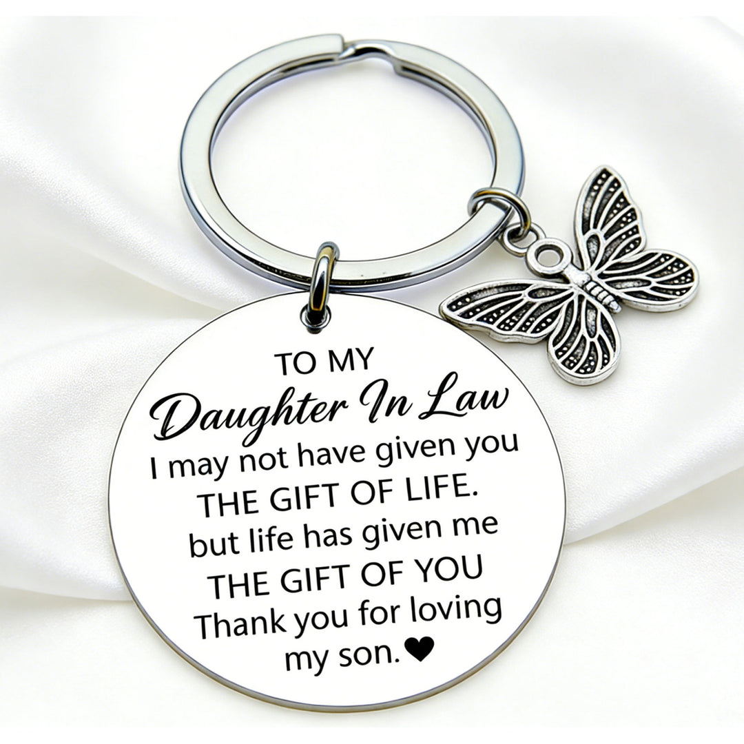 Engraved Round Sentimental Daughter-in-Law Keychain with Butterfly Charm Bowlift