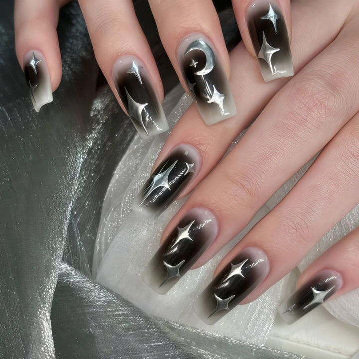 Artificial Nails in Elegant Moon Design with Shimmering Stars Bowlift