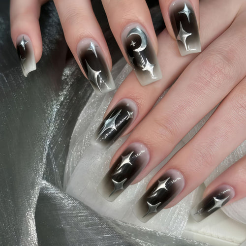 Artificial Nails in Elegant Moon Design with Shimmering Stars Bowlift