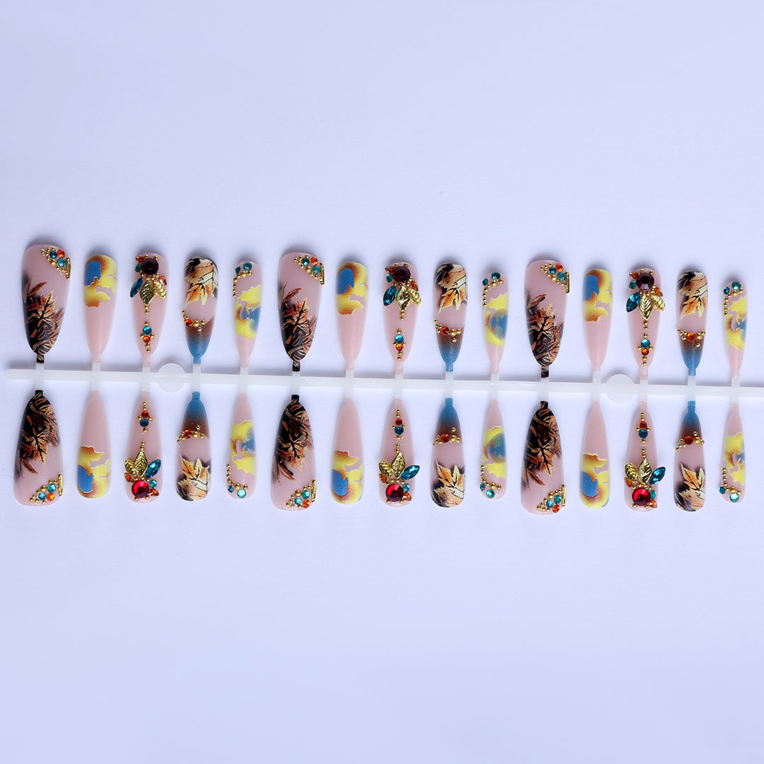 Artificial nails with luxurious 3D decorations and colorful leaf patterns Bowlift