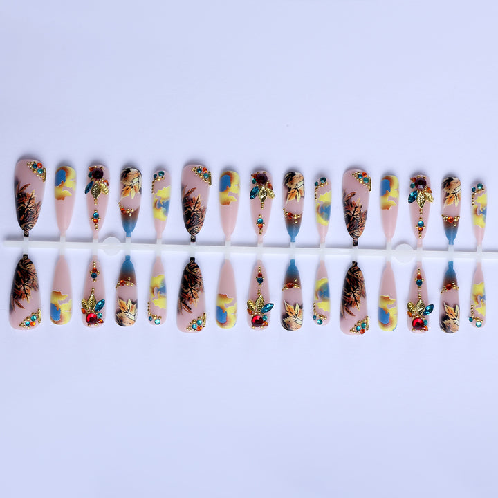 Artificial nails with luxurious 3D decorations and colorful leaf patterns Bowlift