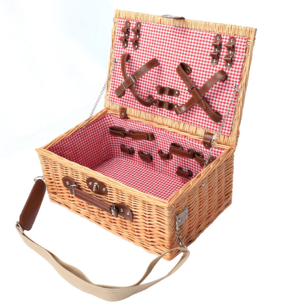 Ladies picnic basket with complete dinnerware set and practical carrying strap Bowlift
