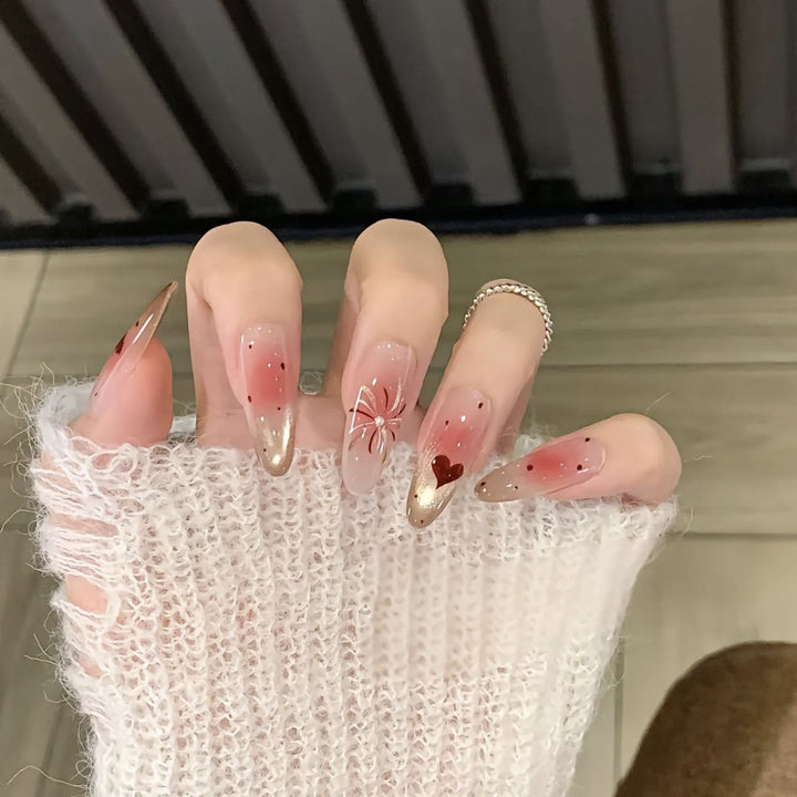 Elegant Press-On Nail Set with Floral and Gemstone Accents Bowlift