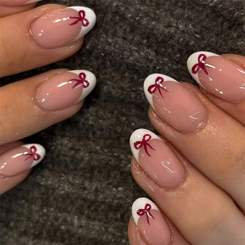 Stylish French Tip Press-On Nails with Bow Design Bowlift