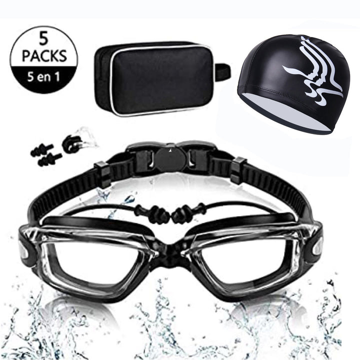 Premium Swim Goggles Set with Adjustable Headband and Protective Cap Bowlift