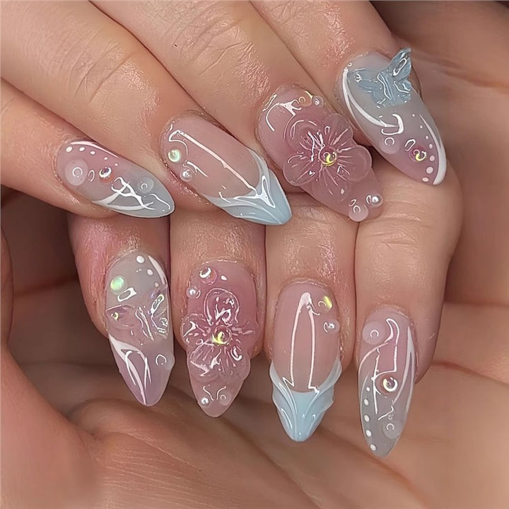 Decorative Stiletto Press-On Nail Art with Floral Accents Bowlift