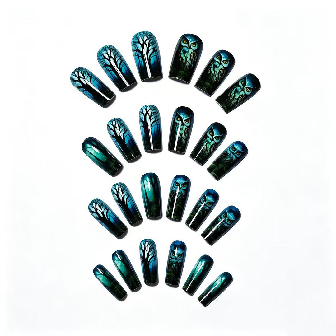 Artificial nails with elegant owl and forest motif Bowlift