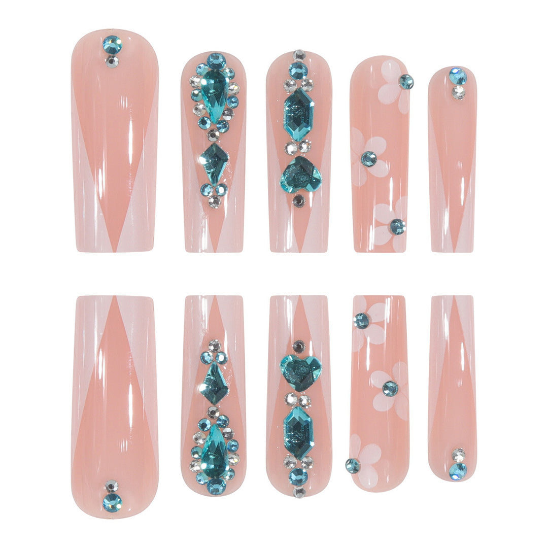 Decorative Floral Press-On Nails Set with Rhinestones Bowlift