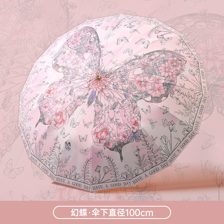 Ladies Folding Umbrella with Floral Designs Bowlift