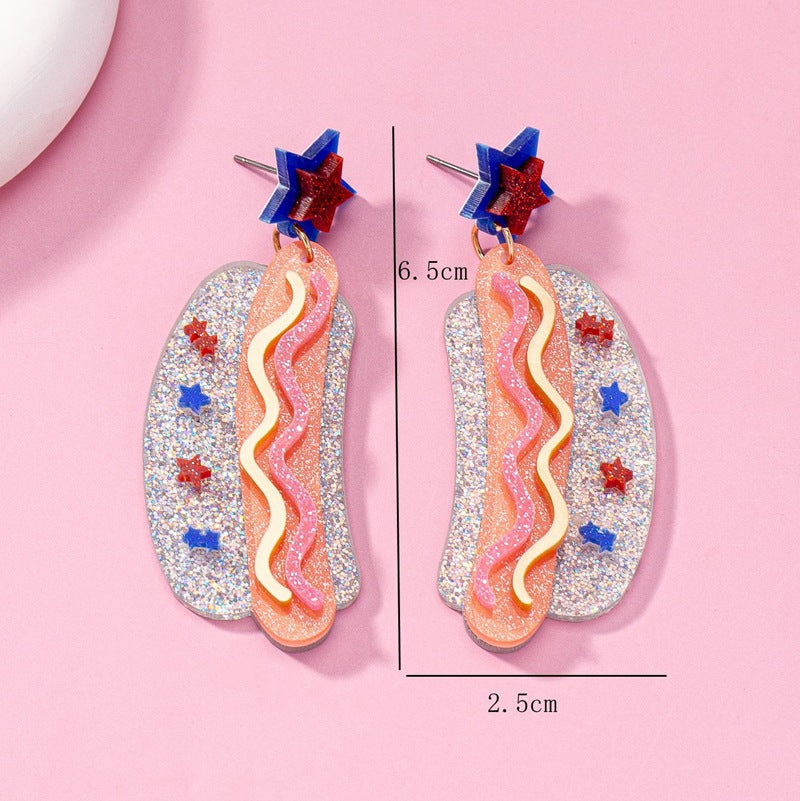 Women's original statement earrings in hotdog design with star stud and layered acrylic mix Bowlift