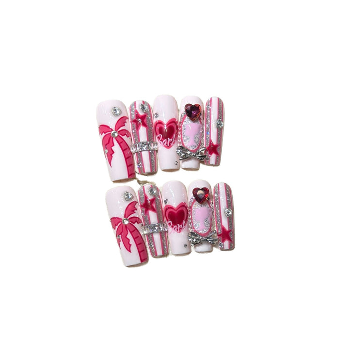 Artistic Press-On Nail Set with Playful Heart and Palm Designs Bowlift
