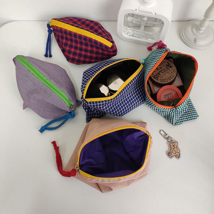 Checked Cotton Zip Pouch with Tassel Accent Bowlift