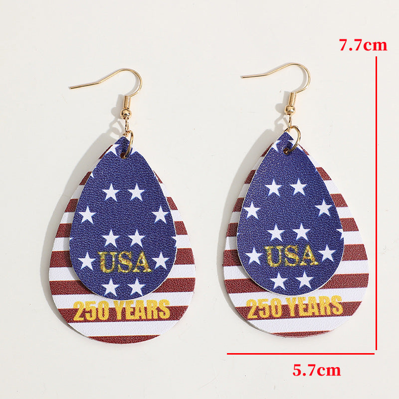 Women's nan layered teardrop patriotic faux leather dangle earrings with gold-tone fishhook Bowlift