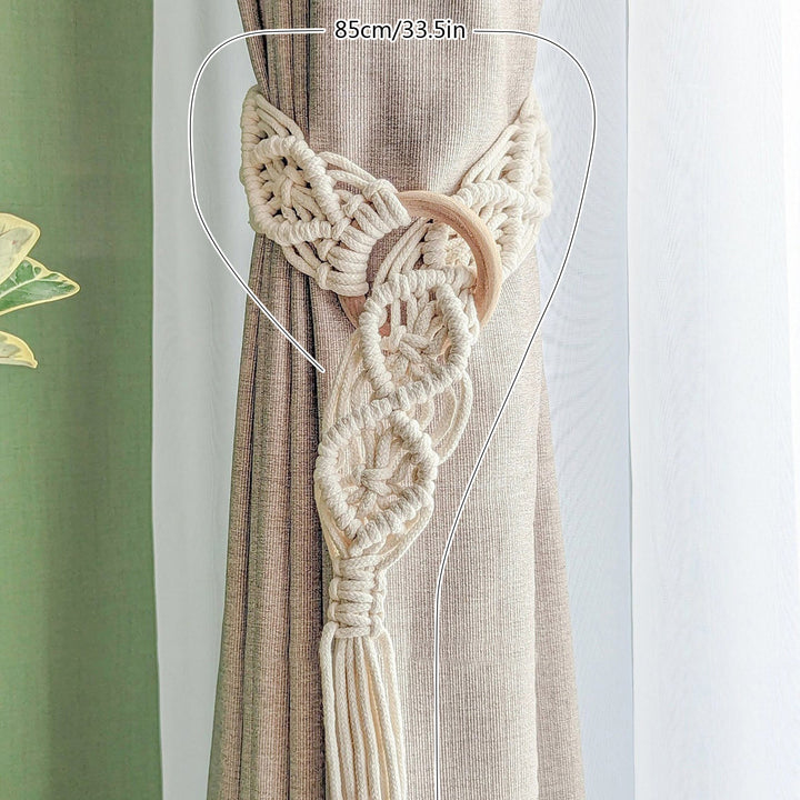Macrame Curtain Tieback with Wooden Ring Bowlift