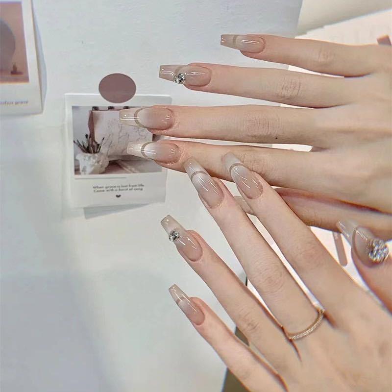 Artful French Tip Art Nails with Rhinestone Accents Bowlift