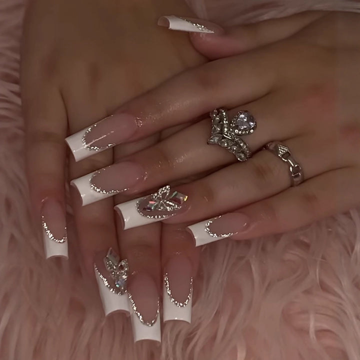 Acrylic nail set with elegant rhinestone and modern tip decorations Bowlift