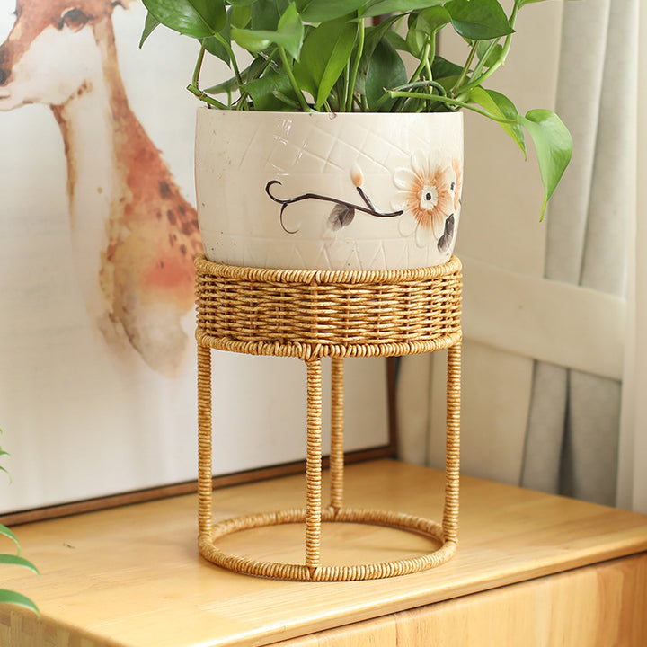 Unisex Modern Plant Stand with Woven Basket and Metal Frame Bowlift