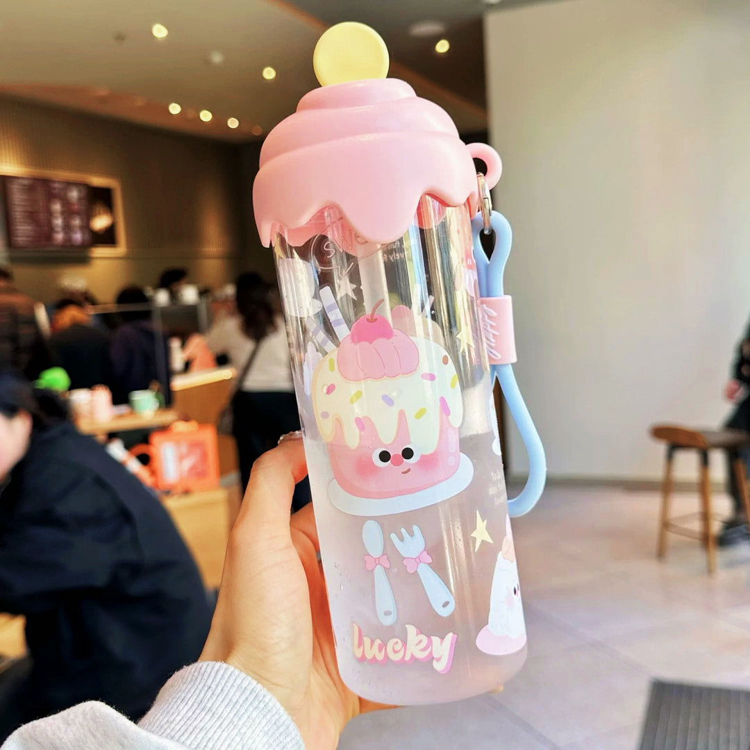 Kawaii Silicone-Topped Reusable Water Bottle with Carry Strap and Cute Dessert Print Bowlift