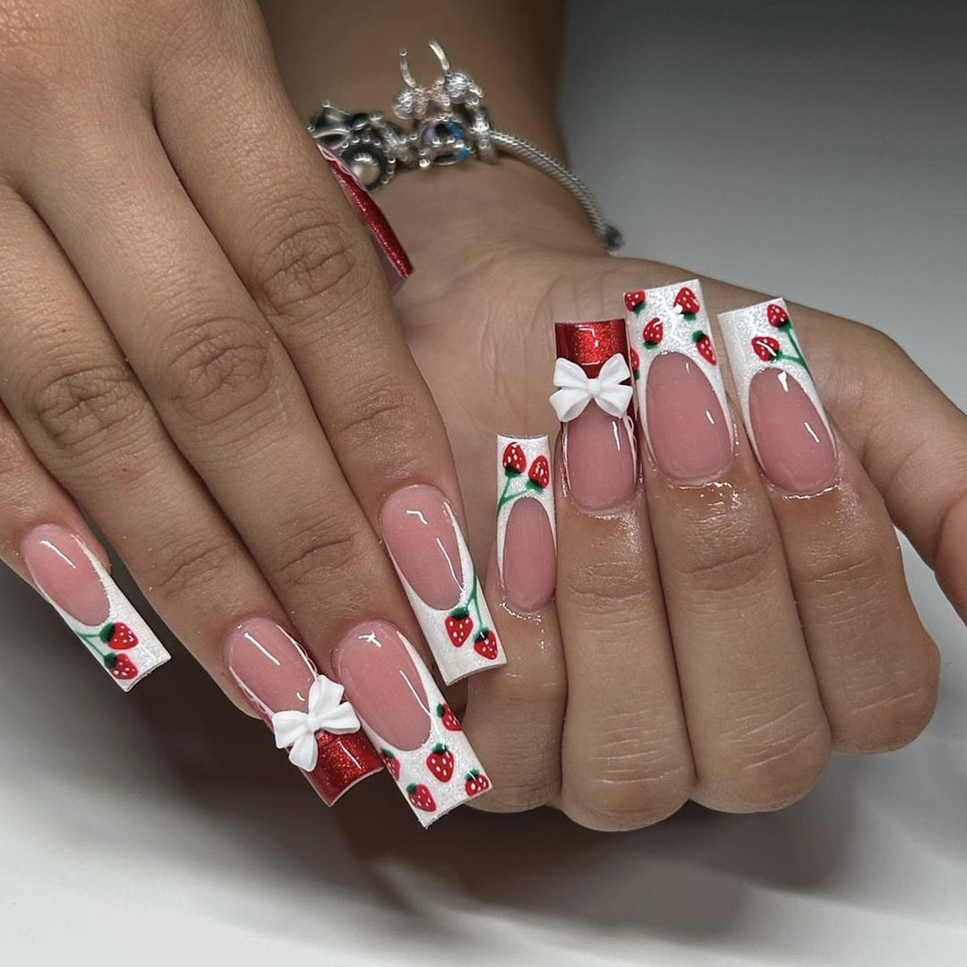Strawberry Bow-Accent Acrylic Nail Art Extensions Bowlift