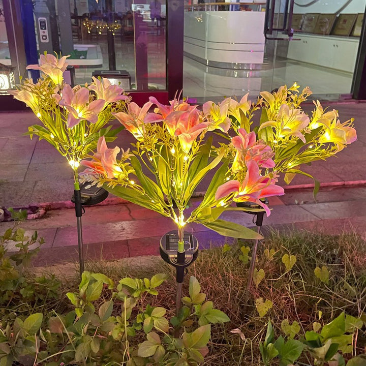 Solar LED Lily Garden Stake Light With Integrated Fairy String And Lifelike Silk Petals Bowlift