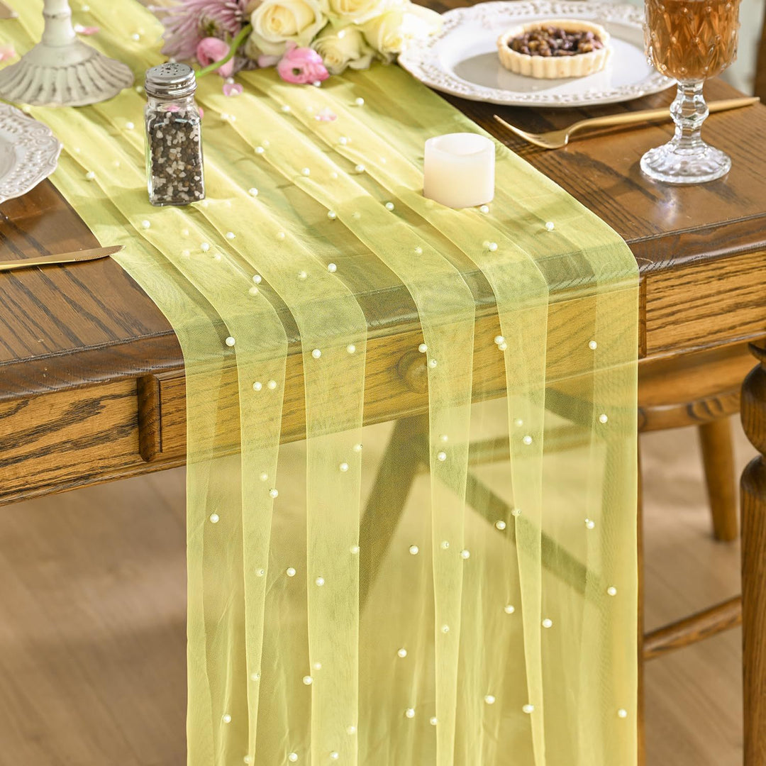 Elegant Table Runner with Pearl Detailing Bowlift