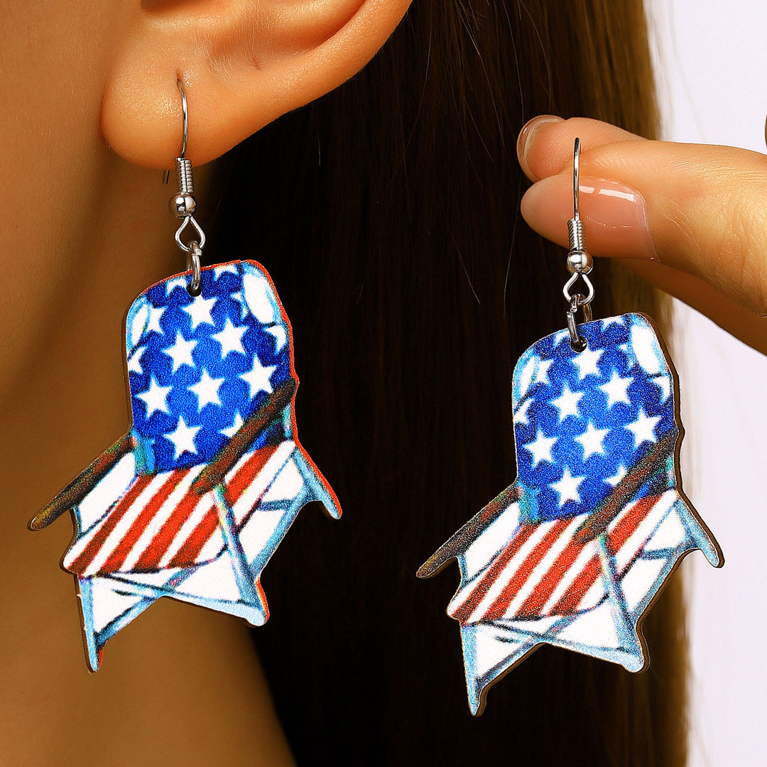 Women's nan patriotic novelty dangle hook earrings with laser-printed wooden fireworks charm Bowlift