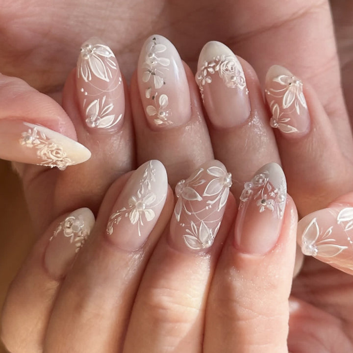 Premium Nail Art with Floral Design and Glittering Accents Bowlift