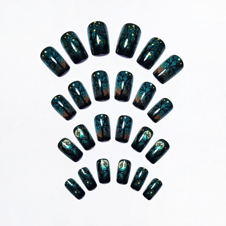 Creative Acrylic Nails with Midnight Forest Design Bowlift