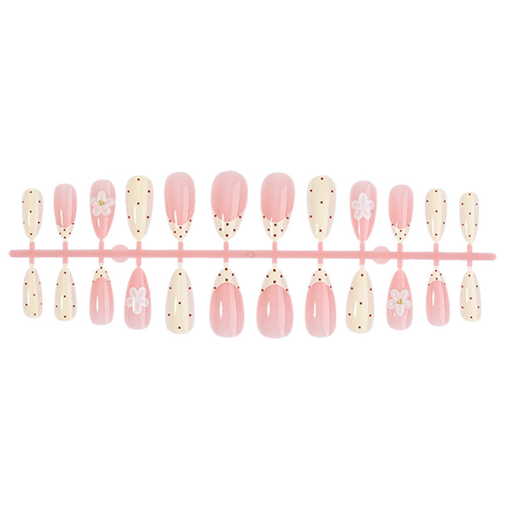 Elegant Press-On Nail Set with Floral and Polka Dot Designs Bowlift