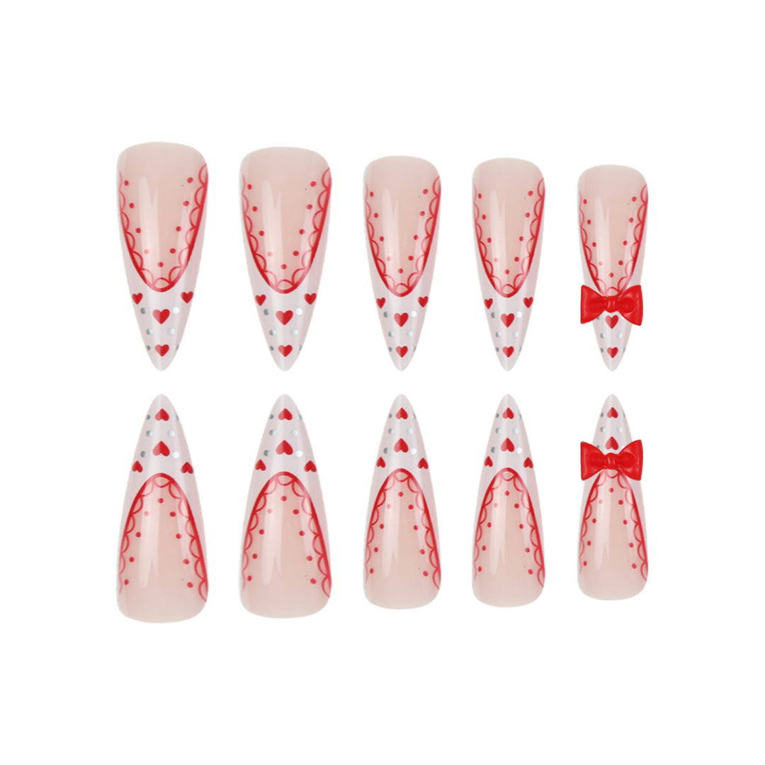 Stiletto Press-On Nail Art Set with Heart and Bow Design Bowlift
